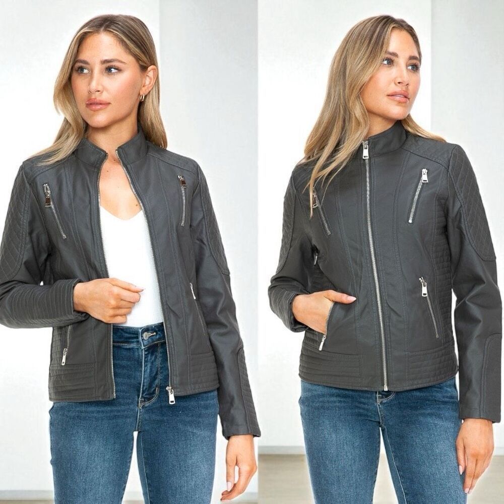Charcoal Gray Faux Leather Zip Up Mock Neck Jacket XL NWT - Snobbish - Picture 4 of 16